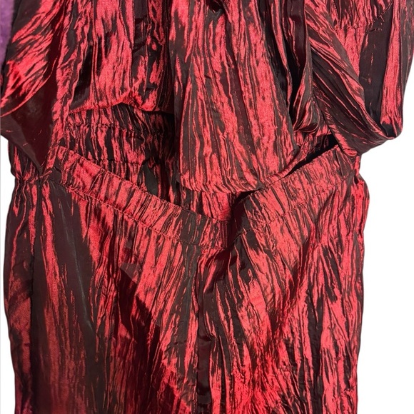 Izayla Wide Leg Short Sleeve Red Black Button Front Crinkle Tie Front Jumpsuit S - Picture 3 of 16